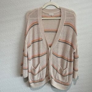 POL Knit Sweater Cream Stripe Pockets Loose‎ Knit Slouchy Cardigan Boho Coastal